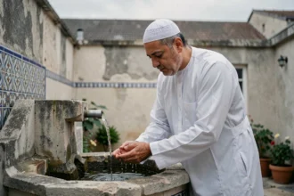 Homme musulman effectuant ses ablutions avant la prière dans la cour d'une mosquée en banlieue parisienne