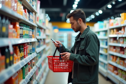 Personne avec panier dans supermarche regarde prix avec inquietude