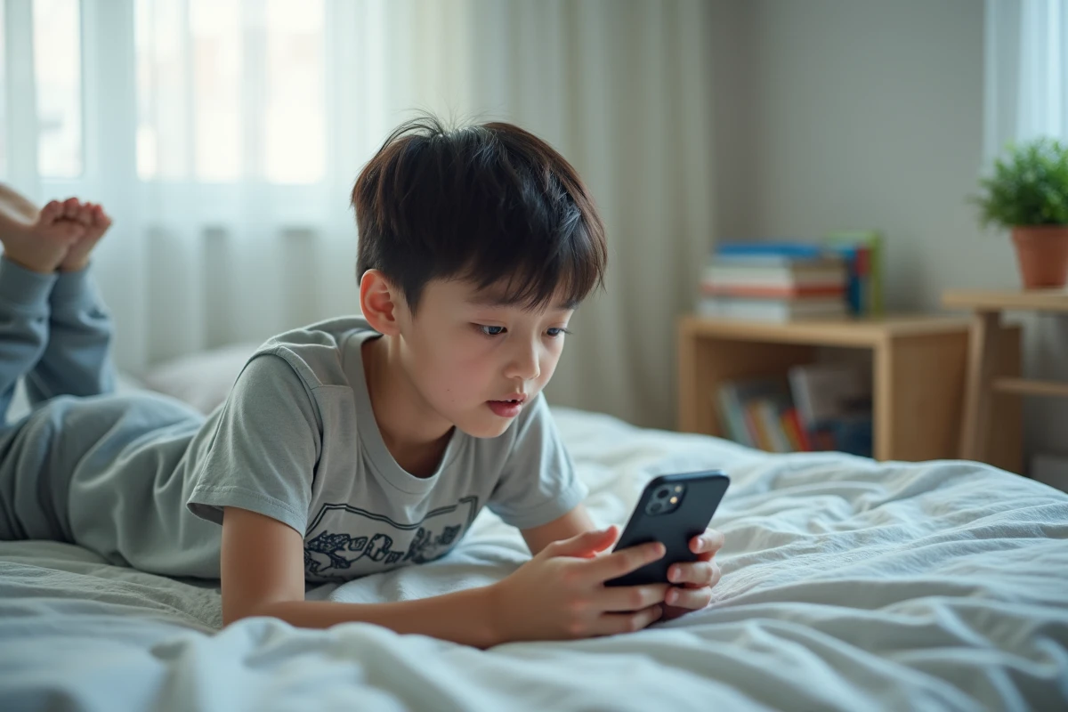 Adolescent allongé sur son lit en train de lire des scans manga sur smartphone avec Crunchyscan