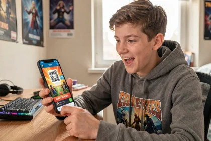 Adolescent jouant à Brawl Stars et scannant un QR code sur smartphone pour obtenir des bonus gratuits