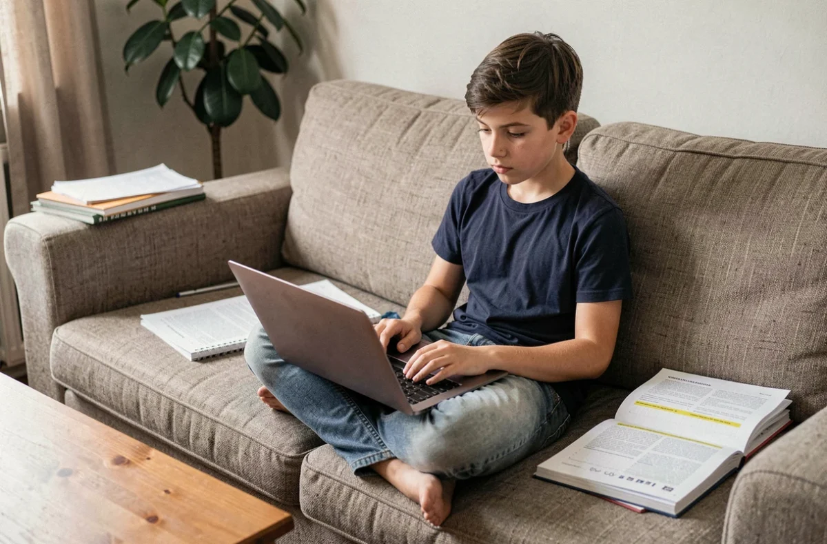 Adolescent préparant le Brevet 2026 depuis son canapé avec un ordinateur portable affichant une encyclopédie en ligne et des fiches de révision imprimées