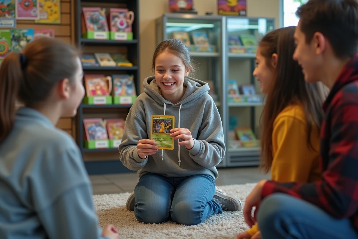 Adolescente montrant une collection de cartes Pokémon à ses amis
