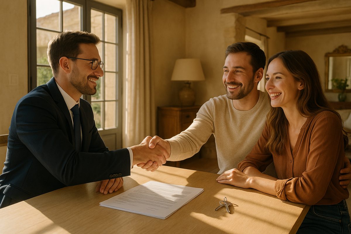 Agent immobilier souriant avec un couple dans une maison provençale