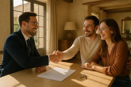 Agent immobilier souriant avec un couple dans une maison provençale