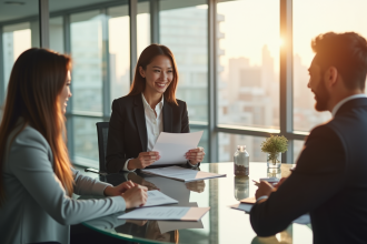Agent immobilier souriant dans un bureau moderne pour l'article