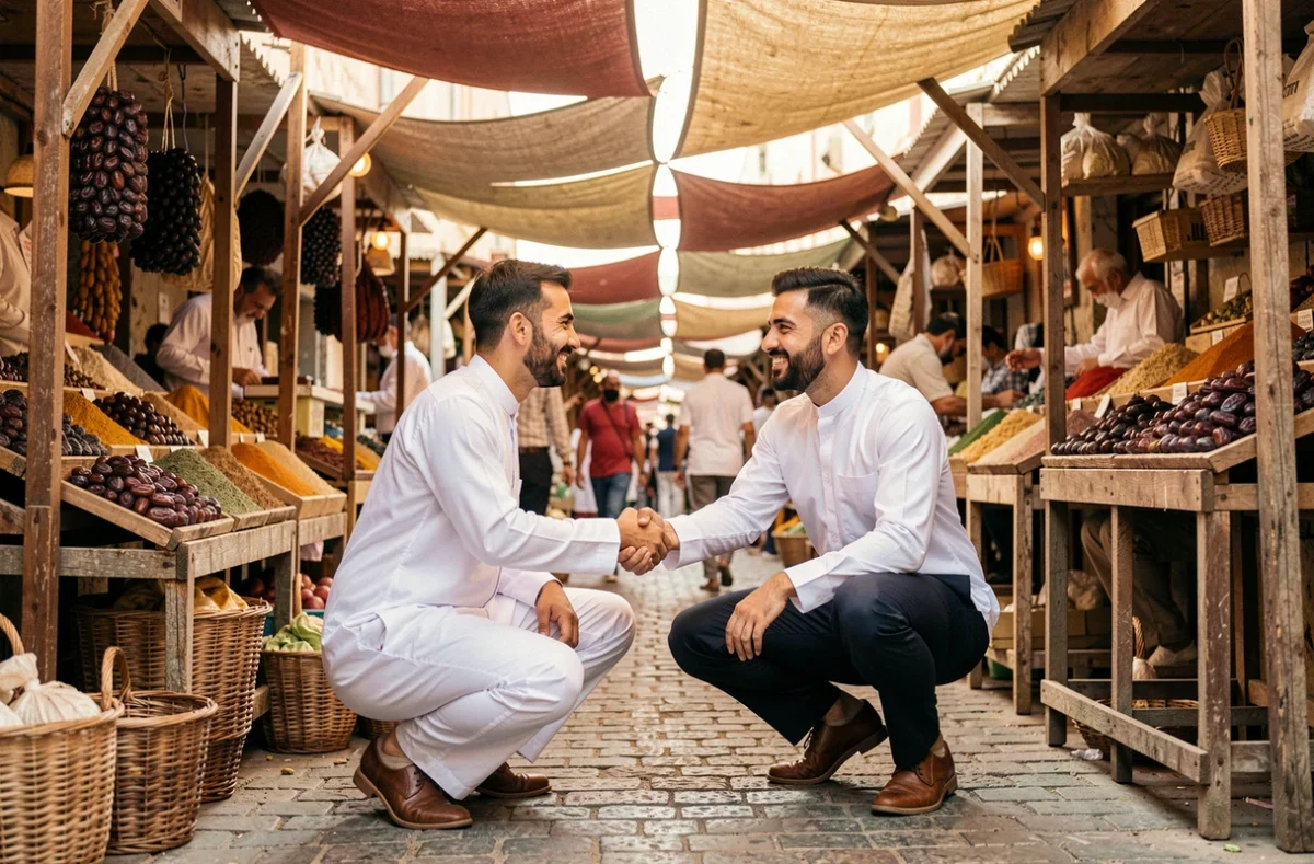 Jeune homme musulman saluant chaleureusement un commerçant dans un souk traditionnel, évoquant l'usage courant de Allah yahfadek en guise de remerciement et de protection