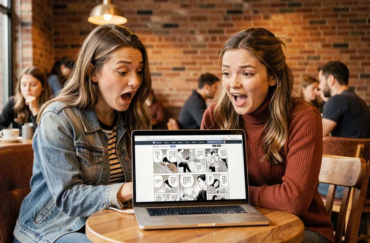 Deux amies découvrant ensemble des traductions françaises de yaoi sur un ordinateur portable dans un café