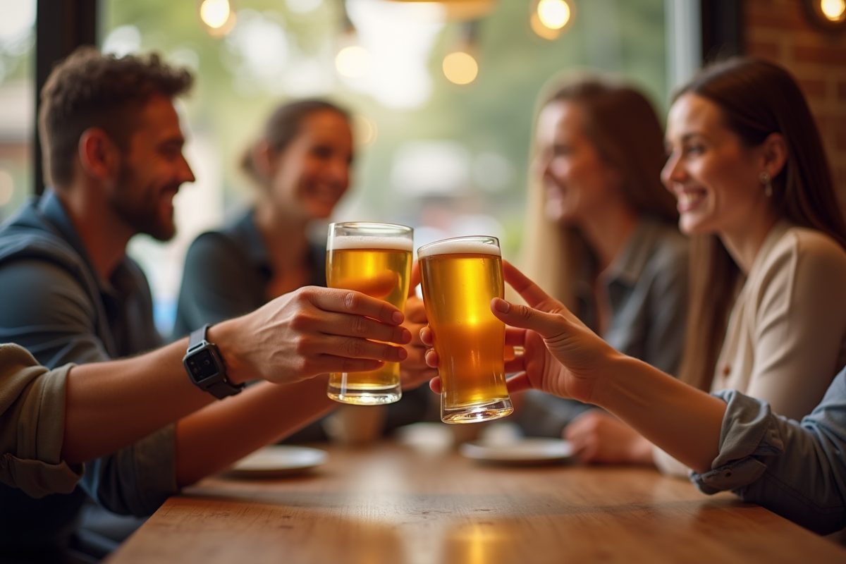 Groupe d amis trinquant avec des petites bières dans un café lumineux