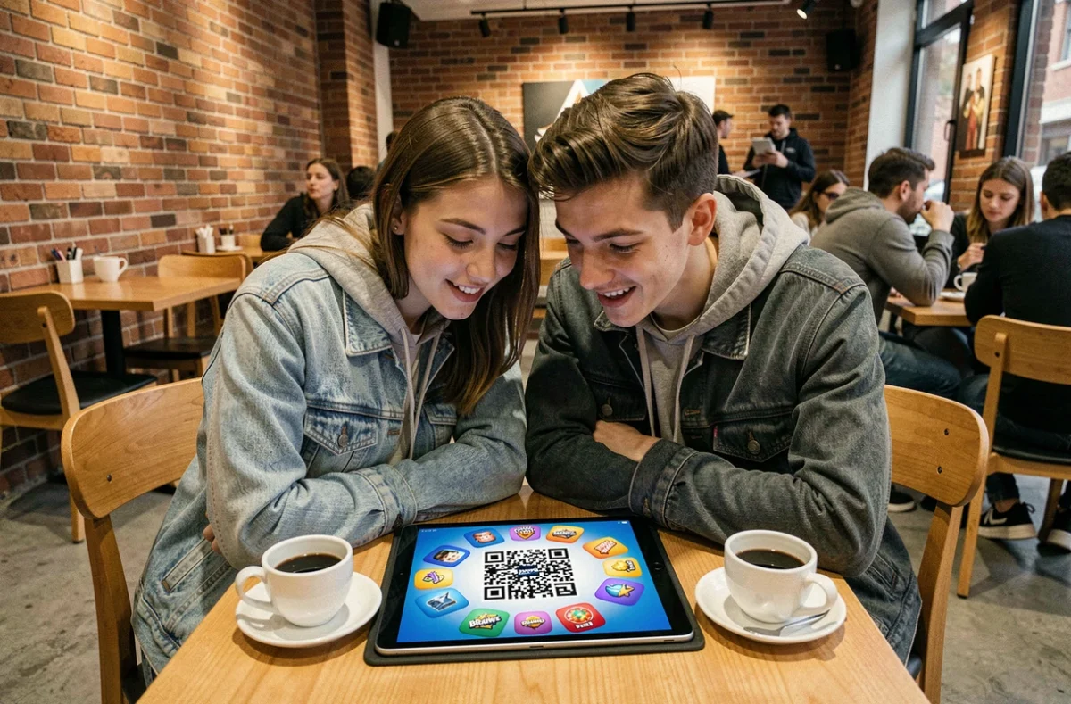 Deux amis dans un café scannant un QR code Brawl Stars sur tablette pour accéder à des récompenses exclusives