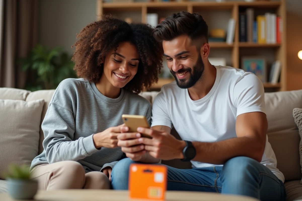 Deux amis comparant les prix des cartes SIM Orange sur un smartphone depuis leur salon