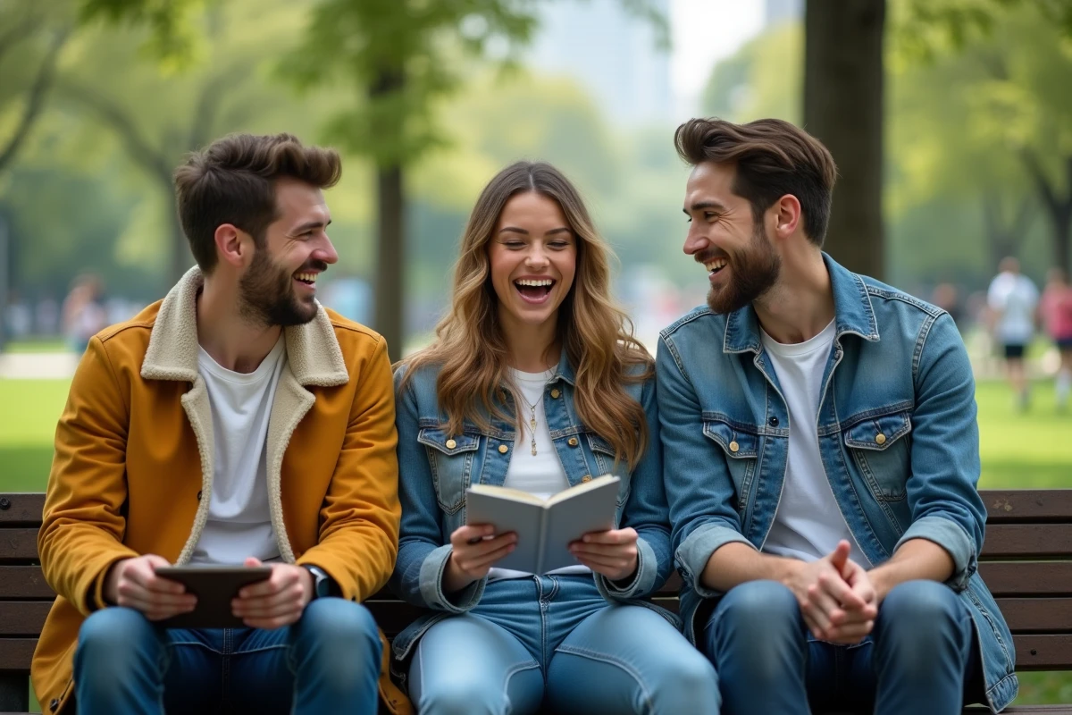 Trois amis riant ensemble sur un banc dans un parc urbain