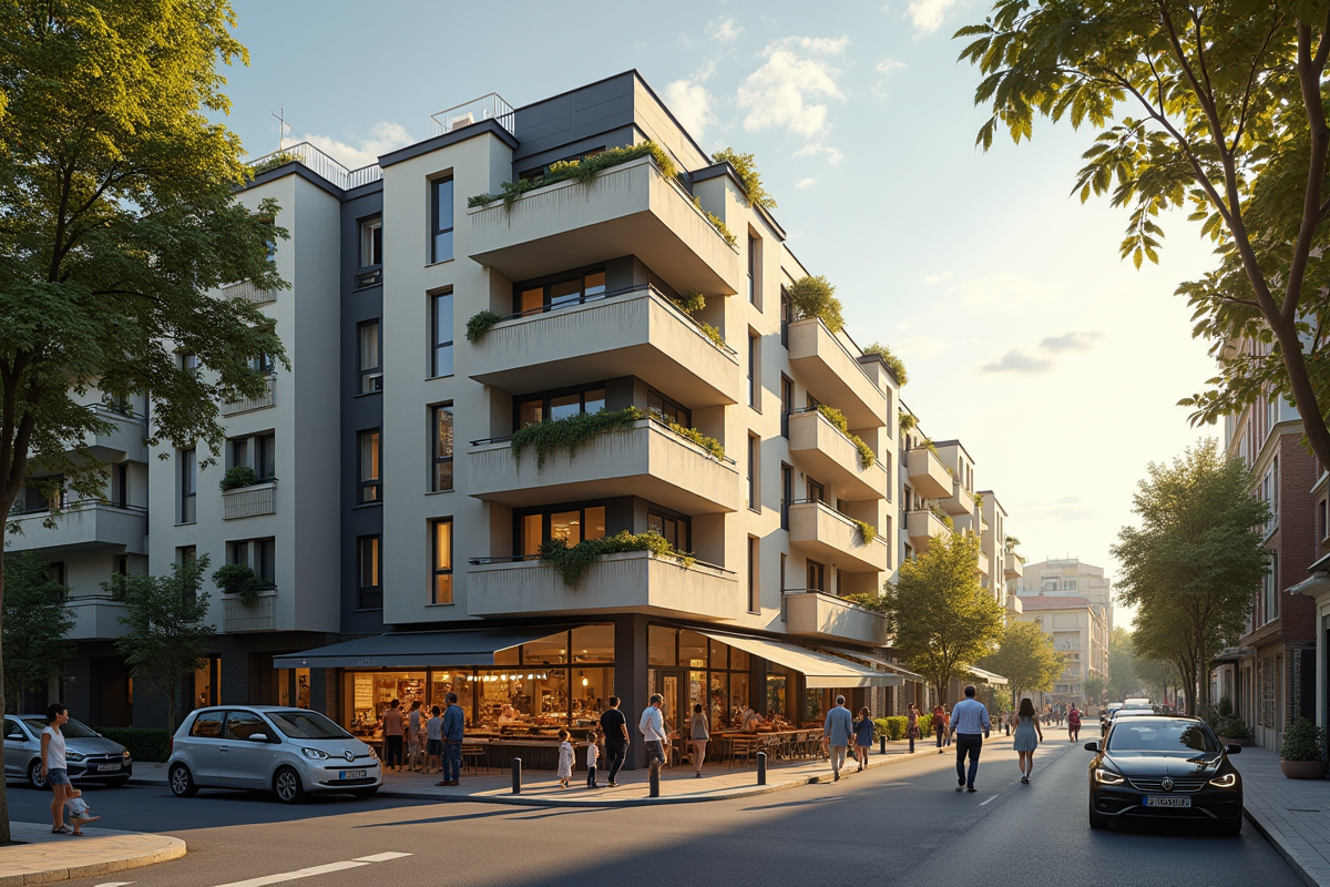 Appartement moderne dans une banlieue française avec familles et marché