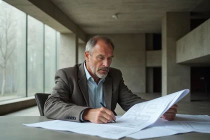 Architecte homme examinant des plans dans un intérieur Bauhaus