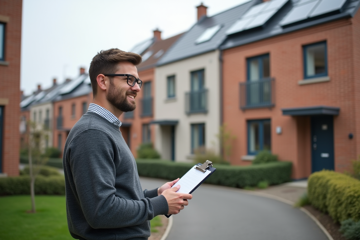 Jeune architecte observant facade de residence urbaine