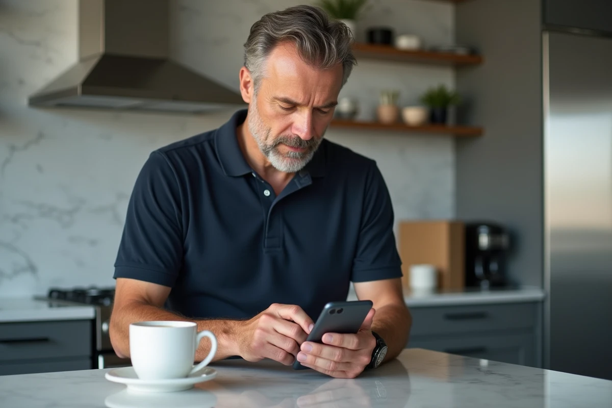 Homme utilisant l'application Amazon sur smartphone pour archiver une commande depuis sa cuisine