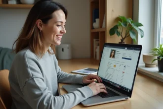 Femme naviguant sur sa commande Amazon depuis un ordinateur portable dans un bureau à domicile bien rangé