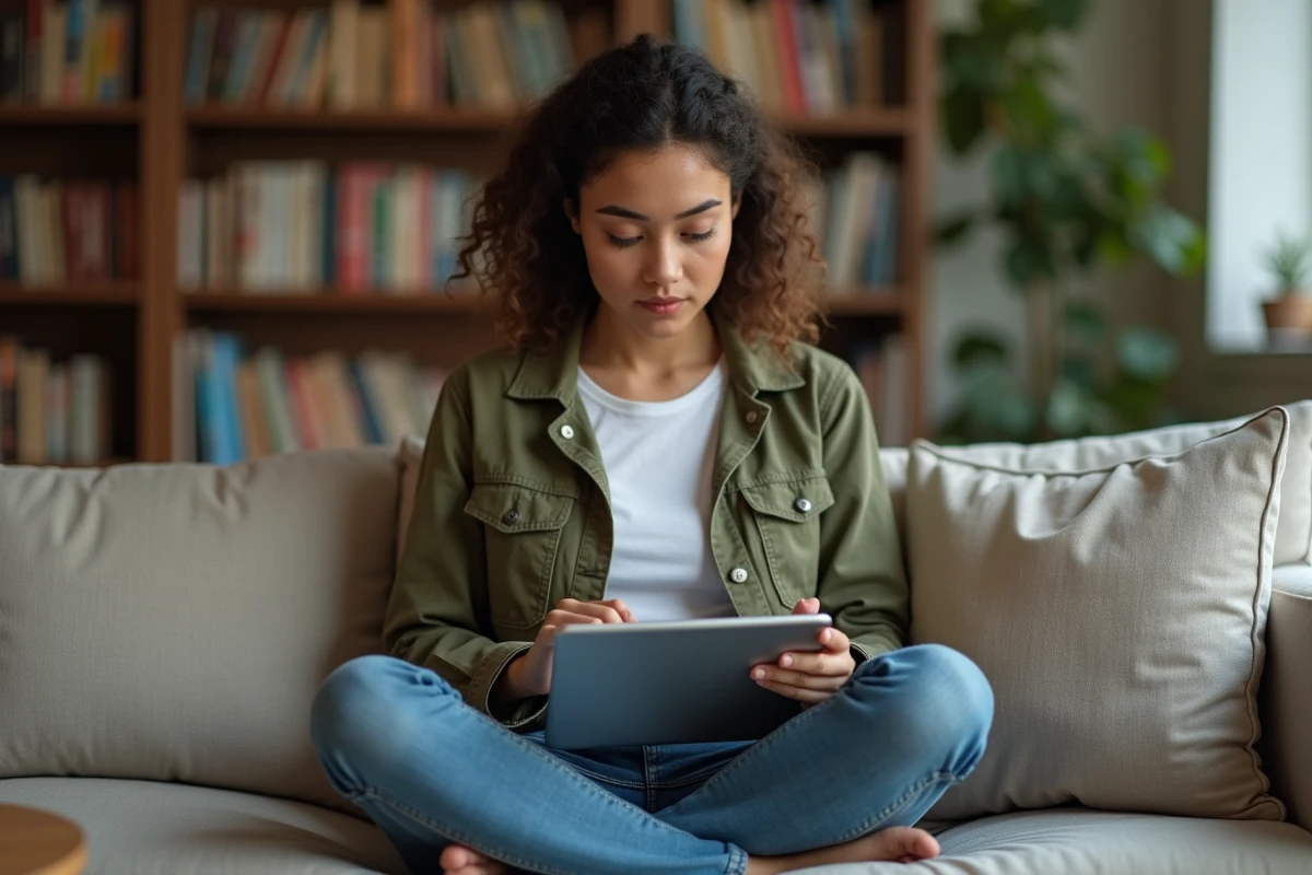 Jeune femme archivant une commande Amazon sur une tablette depuis son canapé dans un salon cosy