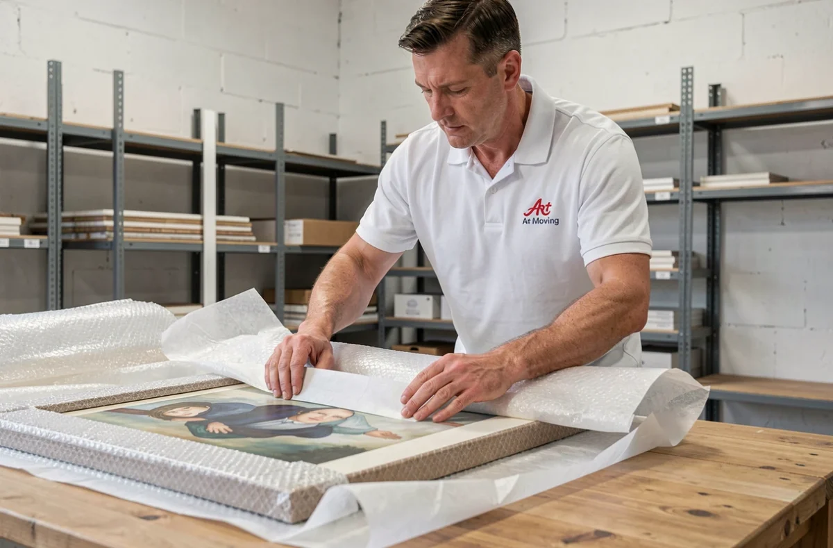 Spécialiste Art Moving emballant soigneusement une œuvre d'art pour un déménagement en Vendée