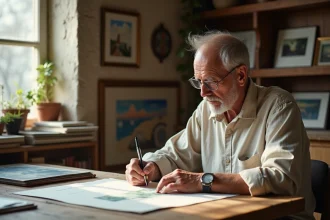 Artisan âgé signant une impression en studio lumineux