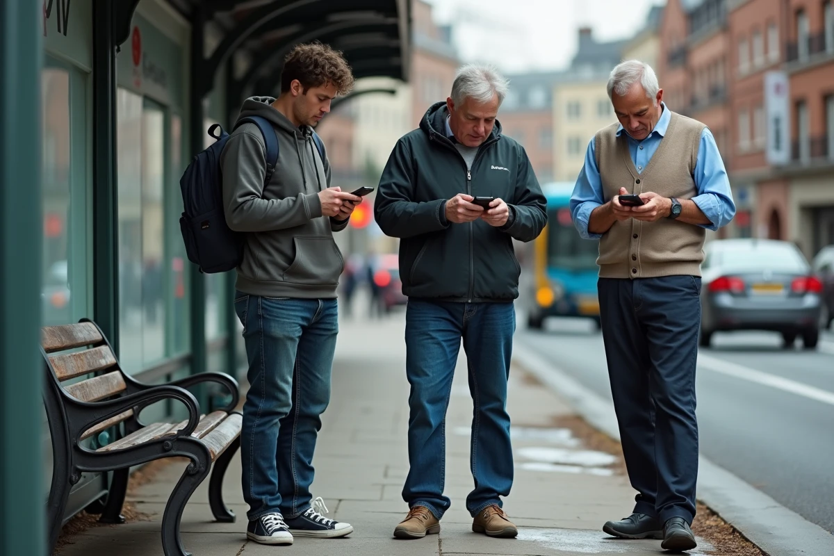 Trois hommes attendent le bus dans la rue urbaine