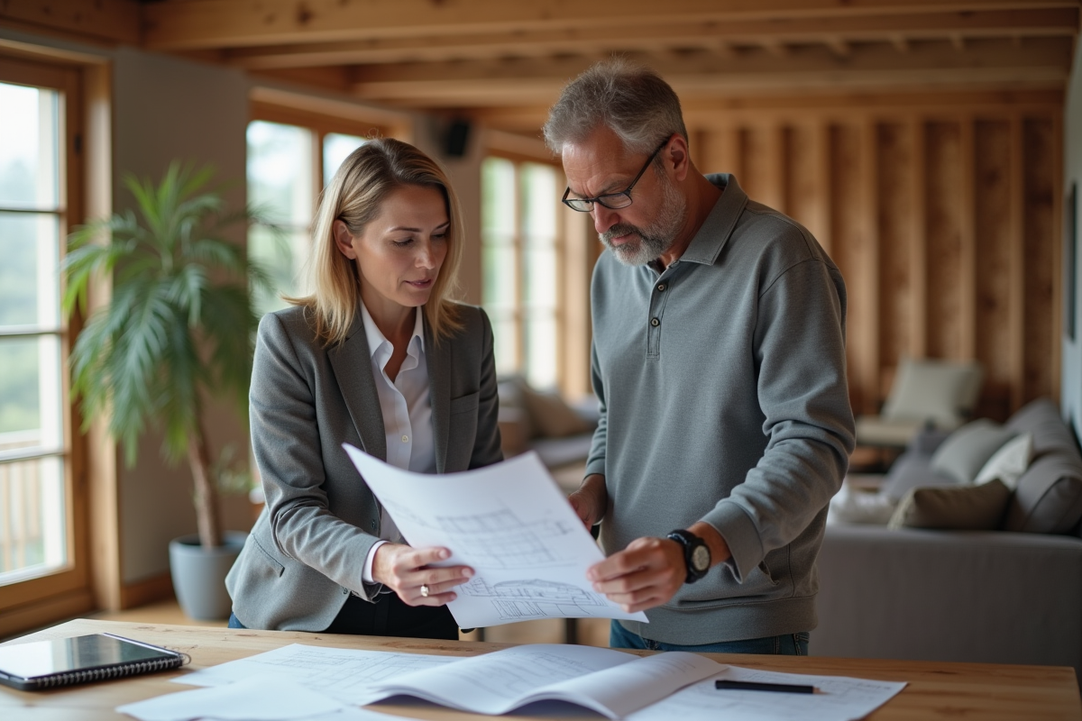 Auditrice energie bâtiment avec plans et homeowner