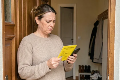Femme lisant un avis de passage recommandé 2C tout en consultant le numéro de suivi sur son smartphone devant sa porte d'entrée