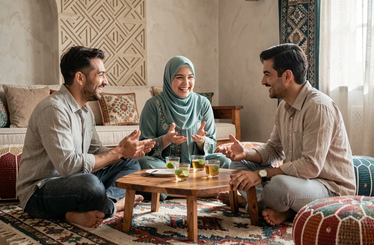 Groupe d'amis musulmans partageant un moment convivial autour du thé, illustrant les échanges de bénédictions comme Allahouma barik et Allah yahfadek dans la vie quotidienne