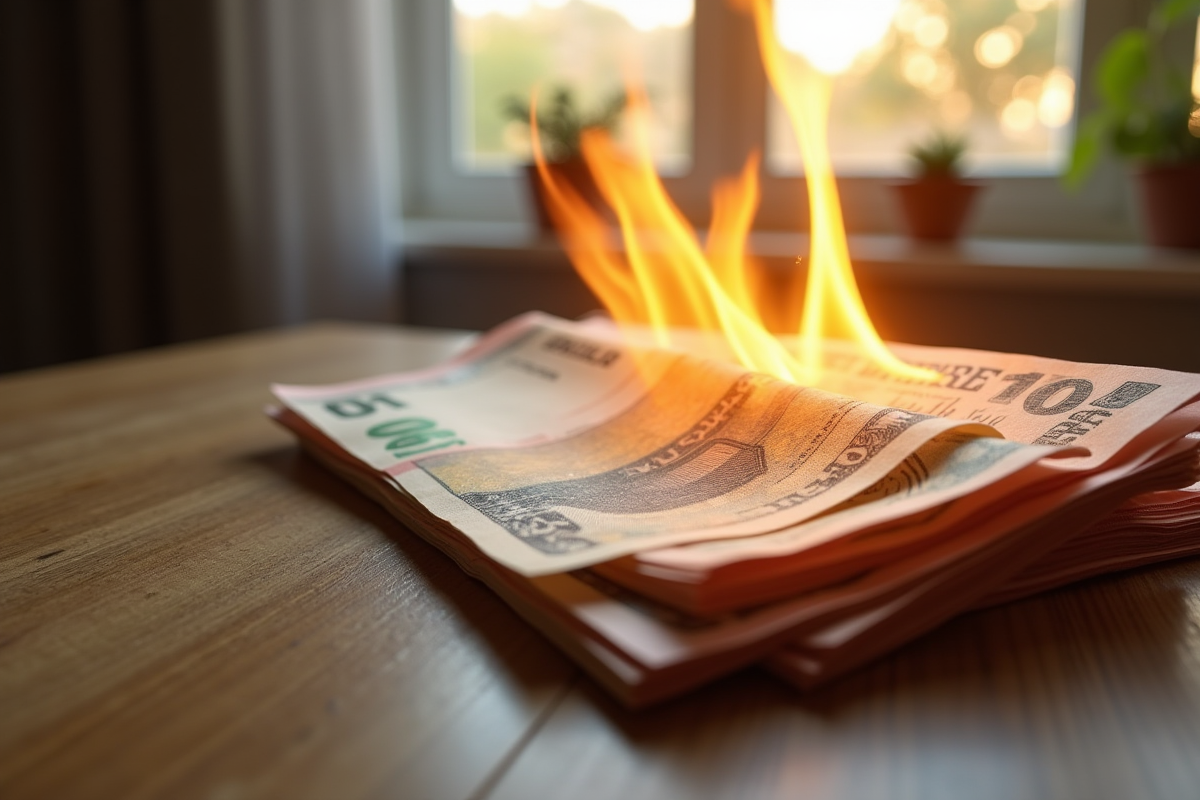 Billets de banque euros et dollars qui brûlent sur une table en bois