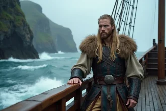 Guerrier viking aux cheveux blonds sur la proue d'un drakkar, incarnant Bjorn le jeune chef intrépide de la série Vikings