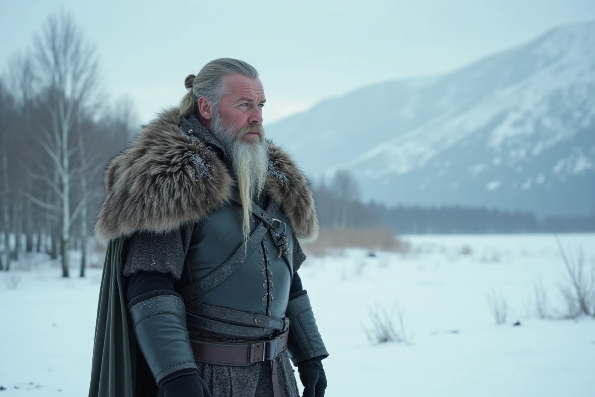 Bjorn Viking vieillissant et solitaire dans un paysage nordique enneigé, illustrant la transformation du personnage au fil des saisons de Vikings
