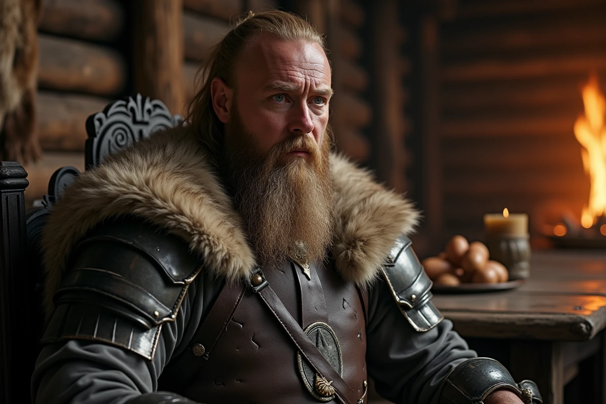 Bjorn Viking mature et las sur son trône dans une grande salle nordique, symbolisant le poids du pouvoir dans la série Vikings