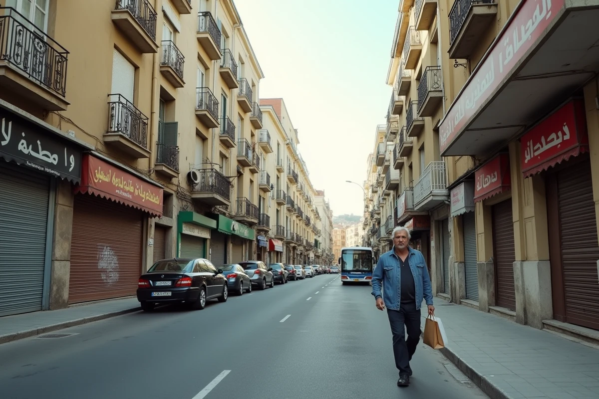 Boulevard urbain des quartiers nord de Marseille avec immeubles résidentiels et commerces de proximité