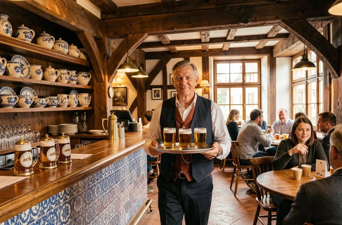 Brasserie Sainte Cru à Colmar avec décor alsacien traditionnel, poutres en bois, bières locales et ambiance winstub authentique