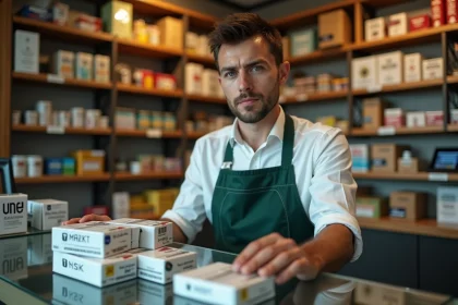 Buraliste luxembourgeois arrangeant des cartouches d'encre derrière un comptoir de tabac avec affichage des nouveaux prix 2026