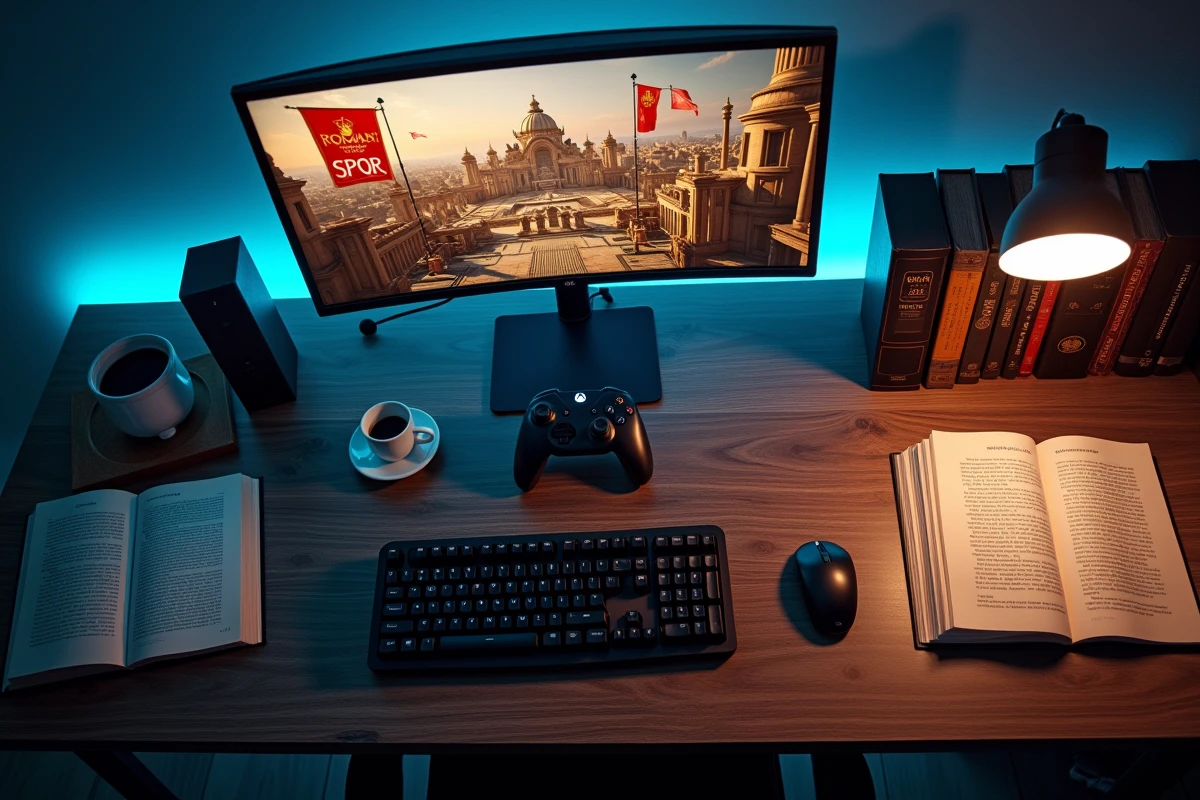 Bureau de gamer avec un jeu vidéo sur Rome en pause affichant des bannières SPQR sur l'écran et des livres d'histoire romaine