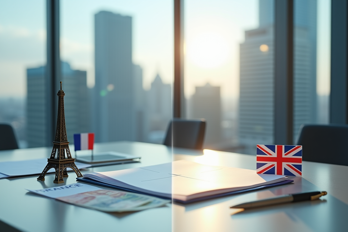 Espace de bureau avec symboles français et britanniques séparés par des papiers