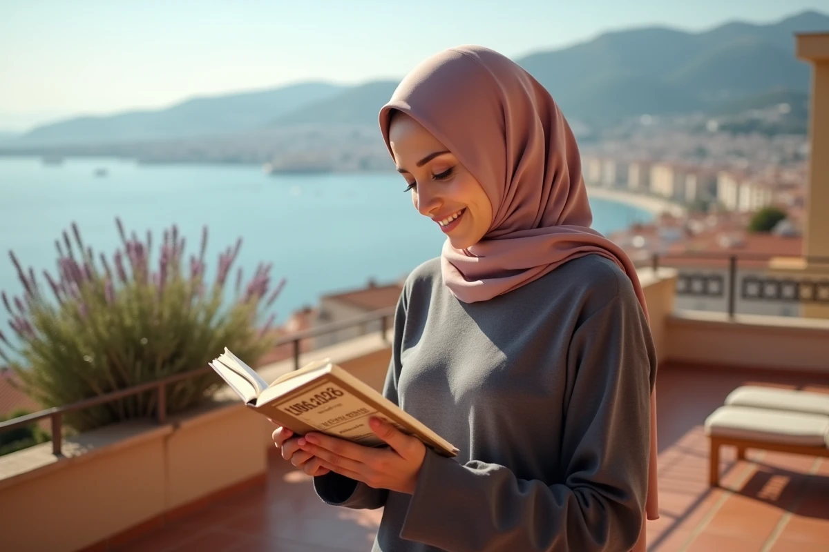 Femme consultant un calendrier de prière papier sur une terrasse à Toulon avec vue sur la mer
