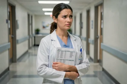 Médecin femme en blouse blanche dans un couloir d'hôpital, expression songeuse, tenant un dossier médical – illustration du personnage Cameron de la série Dr House