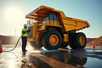 Camion benne jaune en nettoyage par un ouvrier au chantier