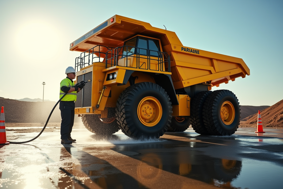Camion benne jaune en nettoyage par un ouvrier au chantier