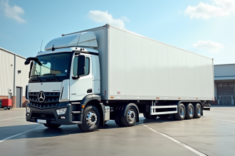 Camion cargo blanc de 30m3 stationne en plein jour