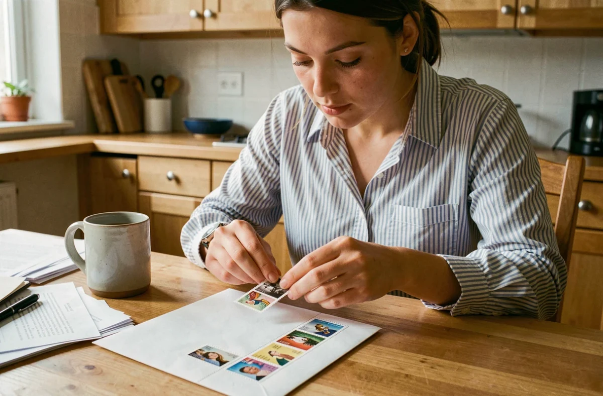 Jeune femme décollant un timbre d'un carnet pour compléter l'affranchissement d'une enveloppe avec plusieurs timbres
