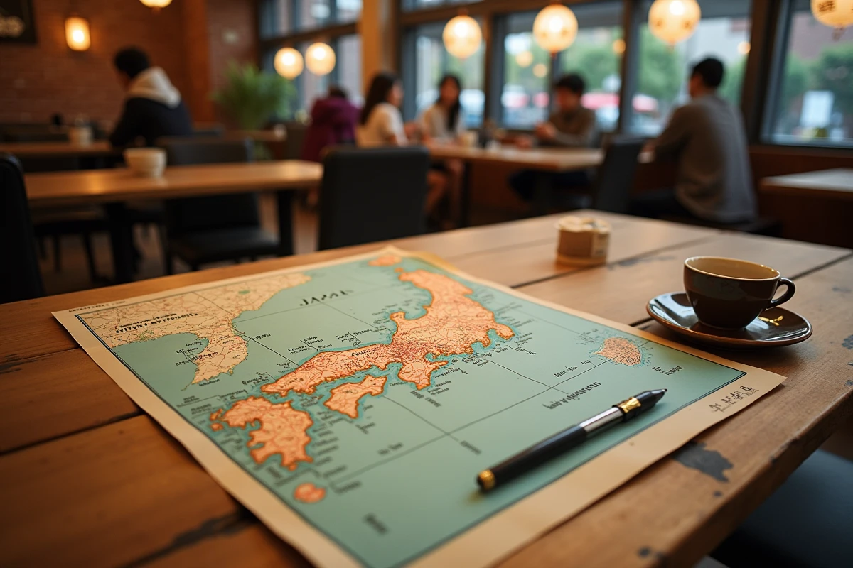 Carte vintage du Japon dépliée dans un café avec une feuille de mots fléchés et des noms de villes encerclés en rouge