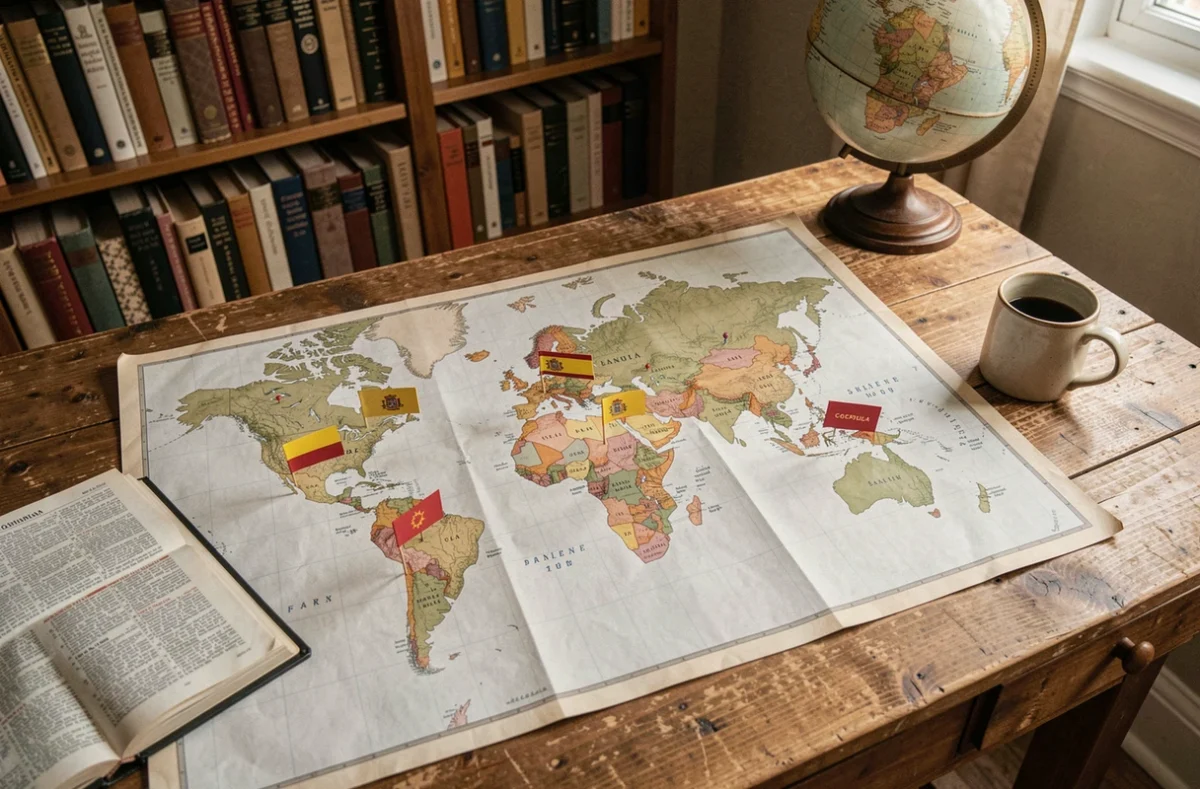 Carte du monde étalée sur un bureau en bois avec des drapeaux épinglés sur les pays hispanophones et un dictionnaire espagnol ouvert