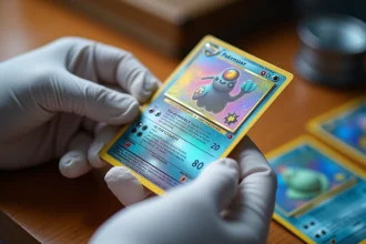 Collectionneur tenant une carte Pokémon holographique rare avec des gants de conservation pour évaluer son authenticité