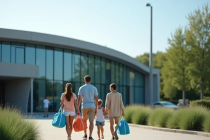 Famille se rendant à un centre aquatique moderne en bord de mer, alternative à l'Aqualud du Touquet