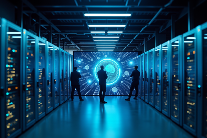 Centre de données moderne avec serveurs et écran interactif