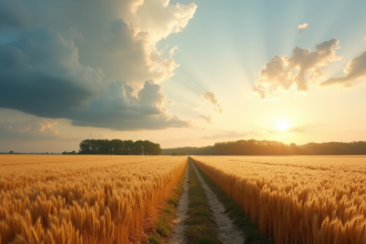 Champ de blé doré sous un ciel dramatique en France