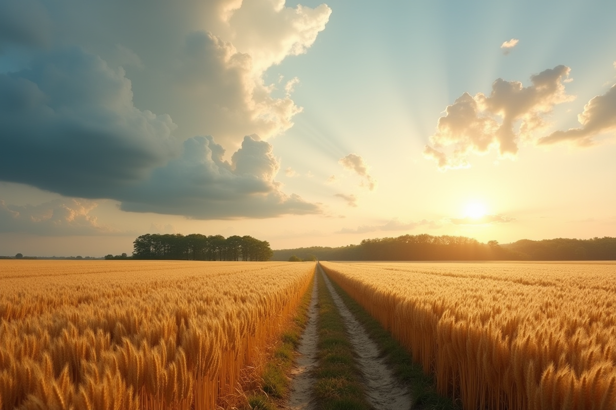 Champ de blé doré sous un ciel dramatique en France
