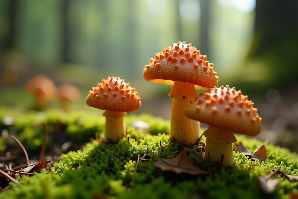 Girolles poussant sur le sol en forêt parmi la mousse verte